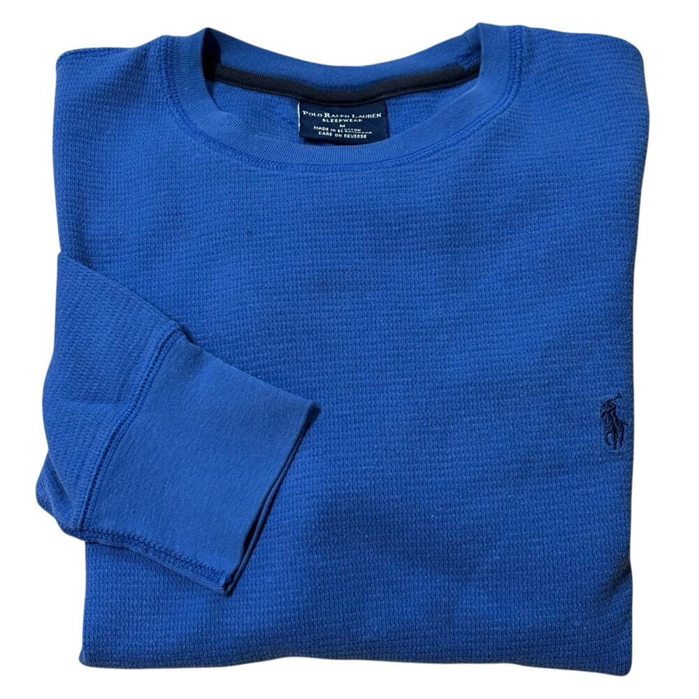 Polo Ralph Lauren Shirt Men Medium Bright Blue Waffle Knit Thermal Sleepwear Top